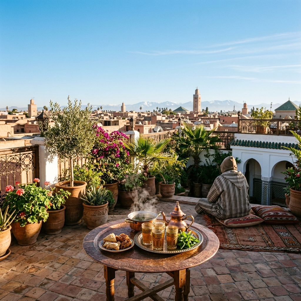 Sunlit riad rooftop overlooking the Marrakech Medina with a teapot and mint tea on a copper table in the foreground