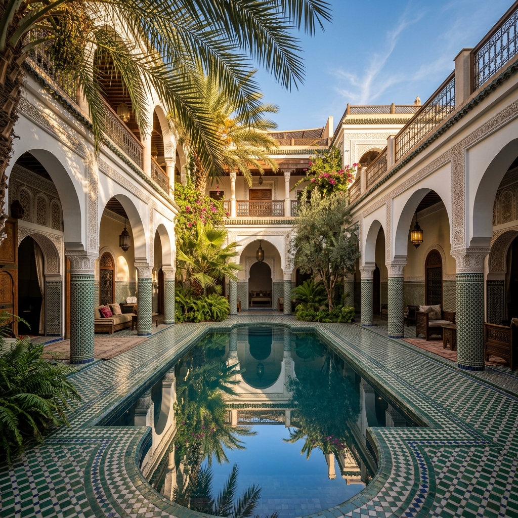 A beautiful courtyard in a luxury riad in Marrakech, featuring green and white zellige tiles and a pristine plunge pool