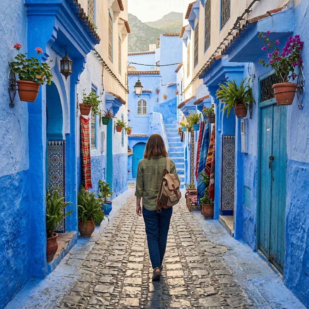 A traveller with a backpack seen from behind walking through a beautiful blue-washed narrow street in Chefchaouen, Morocco
